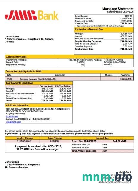 Jamajka JMMB Bank Limited wyciąg z kredytu hipotecznego szablon Word i PDF